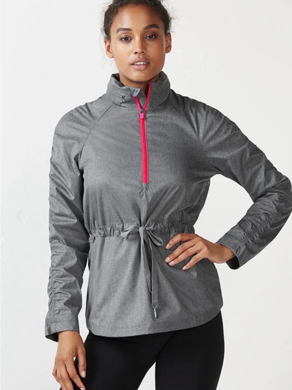Fabletics Danielle Gray Packable Pullover Jacket with Pink Zip